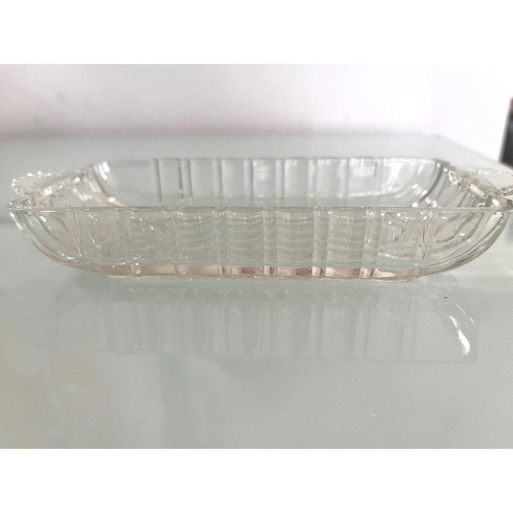 1950s Anchor Hocking Glass Clear Relish Trinkets Dish Vanity Handle Ridge‎